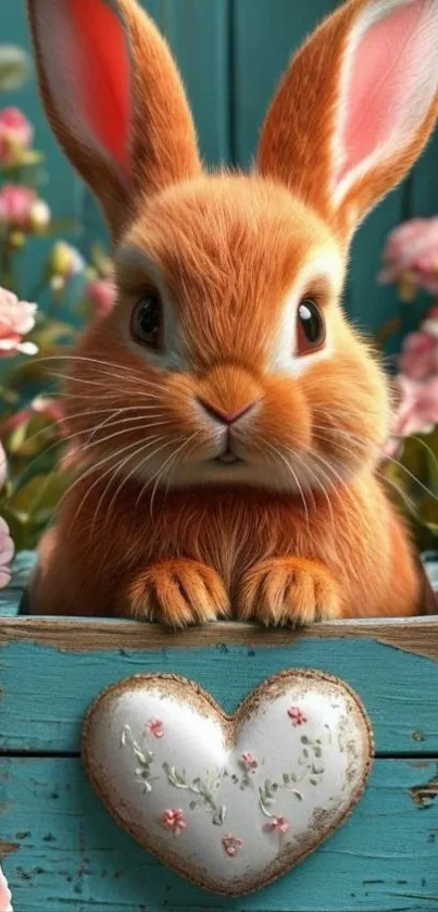 Adorable bunny in a heart box with roses around.