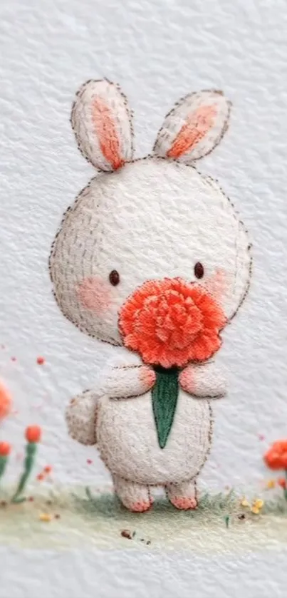 Cute bunny holding a flower with orange blooms.