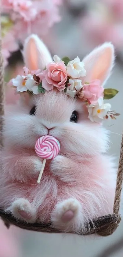 Cute bunny with a flower crown on a swing holding a lollipop.