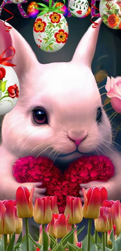 Adorable bunny holding heart with floral decor on mobile wallpaper.