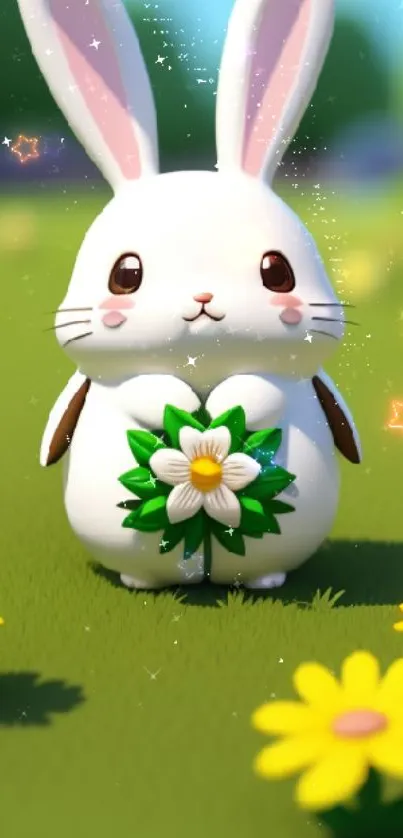 Cute bunny holding a flower in a green meadow with yellow flowers.