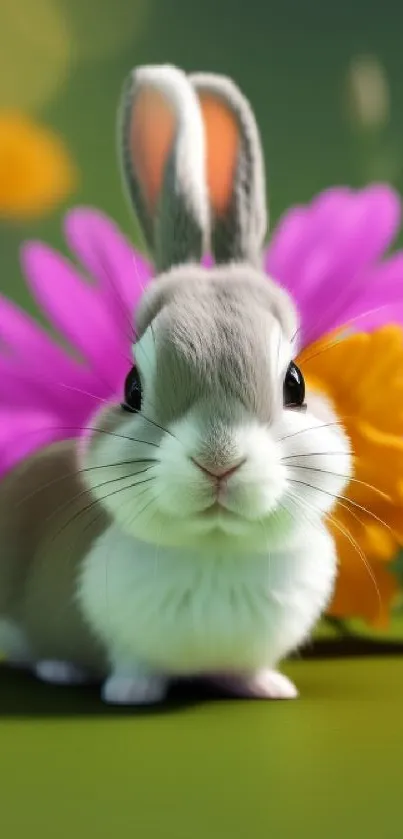 Cute gray bunny with colorful flowers on green background - mobile wallpaper.