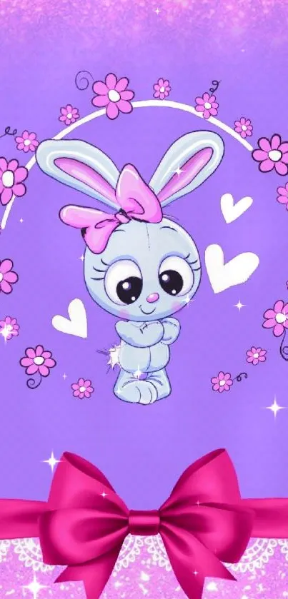 Cute bunny with pink flowers and hearts on a purple background wallpaper.