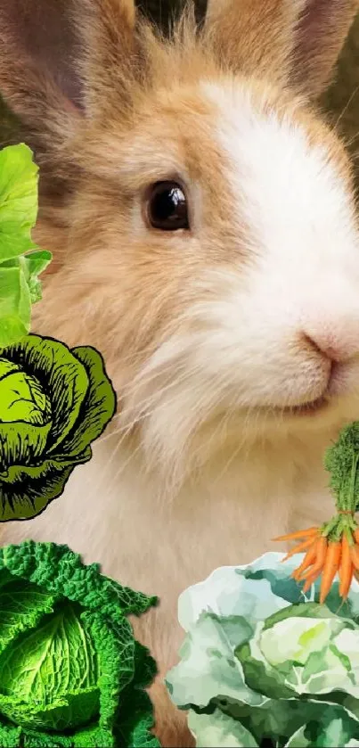 Cute bunny surrounded by various fresh greens.