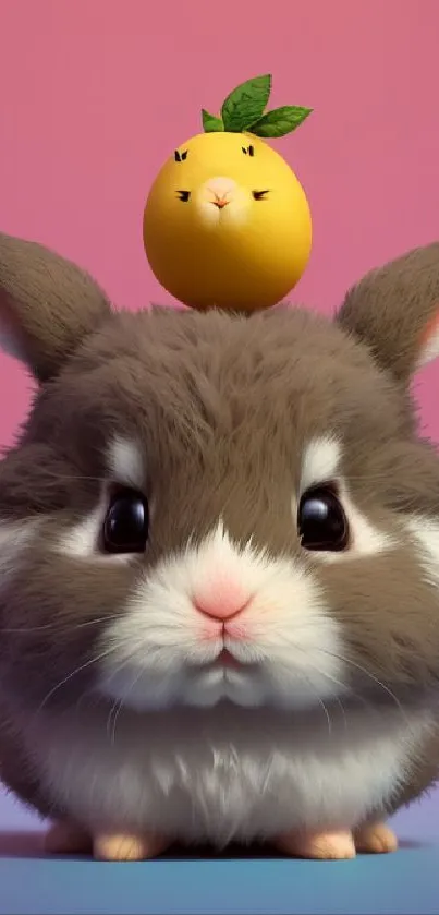 Fluffy bunny with fruit hat on a pink background.