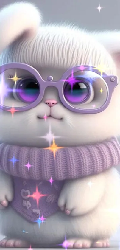 Adorable fluffy bunny wearing purple glasses and scarf.