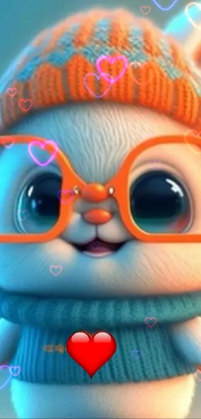 Adorable bunny with orange glasses and hearts.