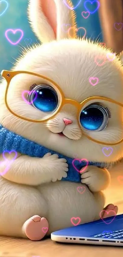 Cute bunny wearing glasses and a blue sweater, sitting near a laptop.