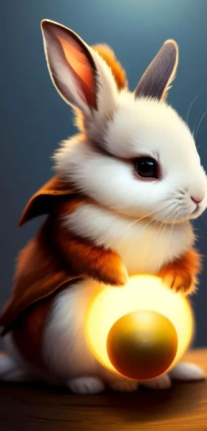 Cute bunny holding a glowing orb on a wooden surface.