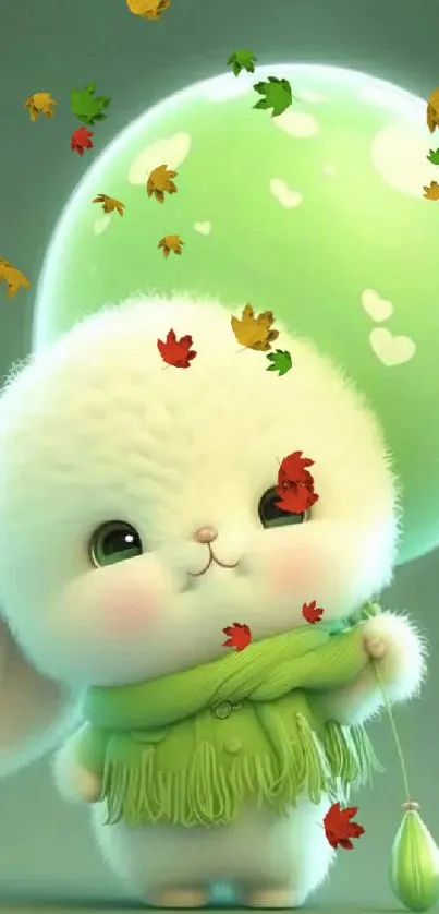 Adorable fluffy bunny with green balloon.