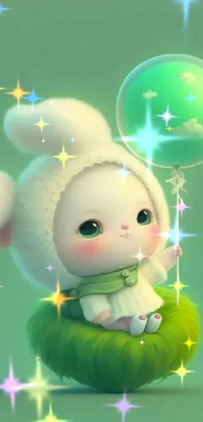 Cute bunny in fluffy outfit holds green balloon on soft pastel background.