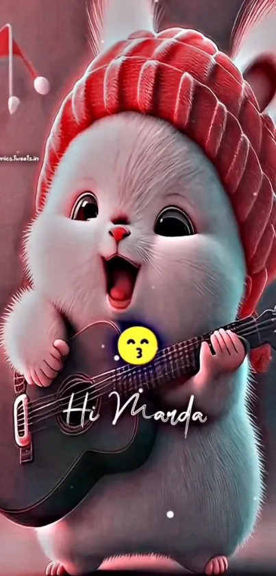 Adorable bunny playing guitar with red beanie, perfect wallpaper.