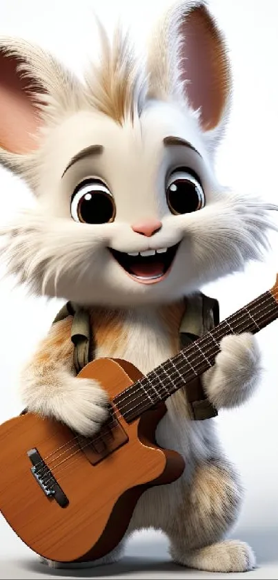 Cute animated bunny holding a guitar with a fluffy, cheerful expression.