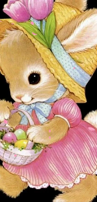 Adorable bunny in pink dress with hat holding an egg basket on a black background.