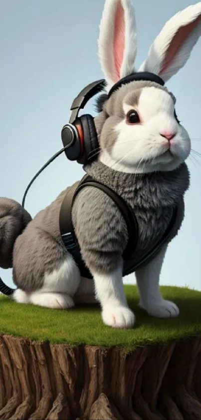 Cute gray bunny wearing headphones on a grassy stump.