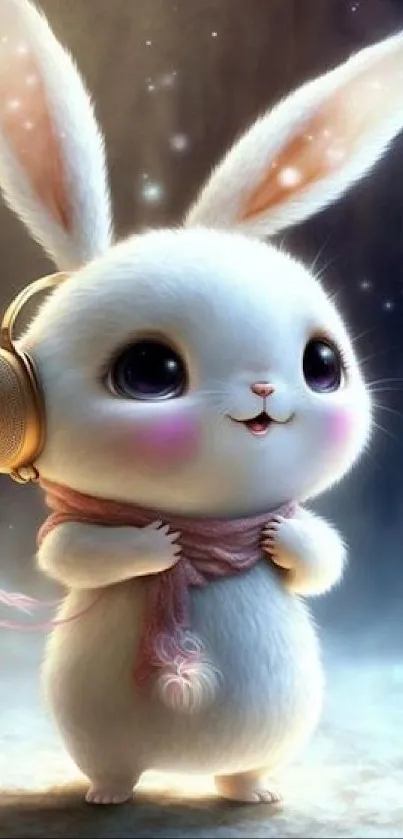 Adorable white bunny with headphones mobile wallpaper.