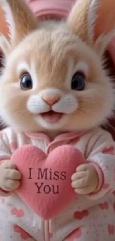 Cute cartoon bunny holding 'I Miss You' heart.