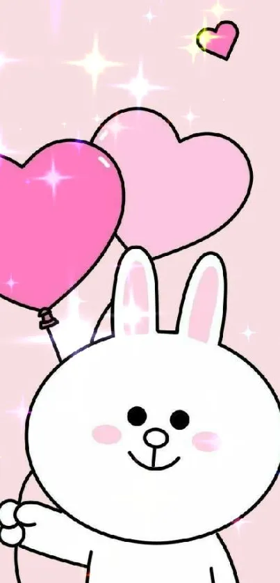 Cute bunny with pink heart balloons on mobile wallpaper.