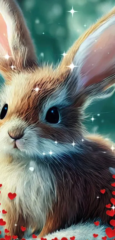 Adorable bunny with hearts and stars in a teal background wallpaper.