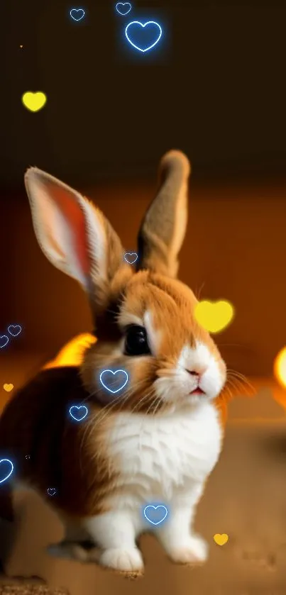 Adorable brown bunny with glowing heart lights on dark background.