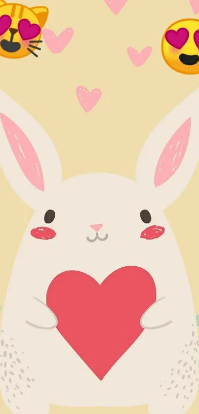 Cute bunny holding a heart with love emojis on pastel background.