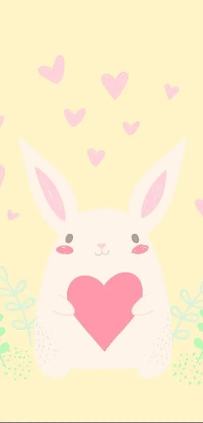 Cute bunny holding a heart with pastel background.