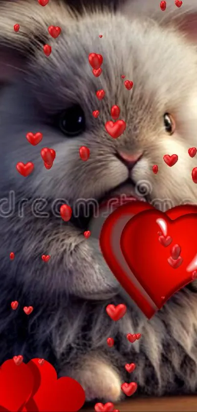 Fluffy bunny holding a red heart on a wooden surface.