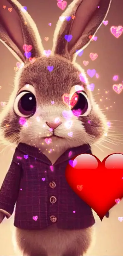 Cute bunny with red hearts background.