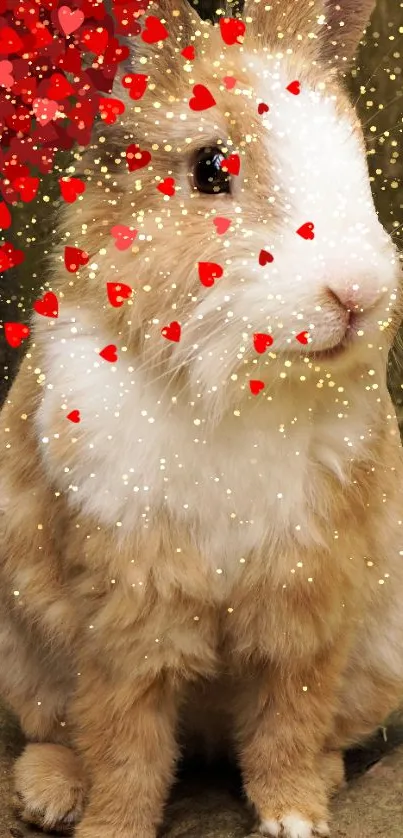 Cute bunny with red hearts and sparkles on mobile wallpaper.