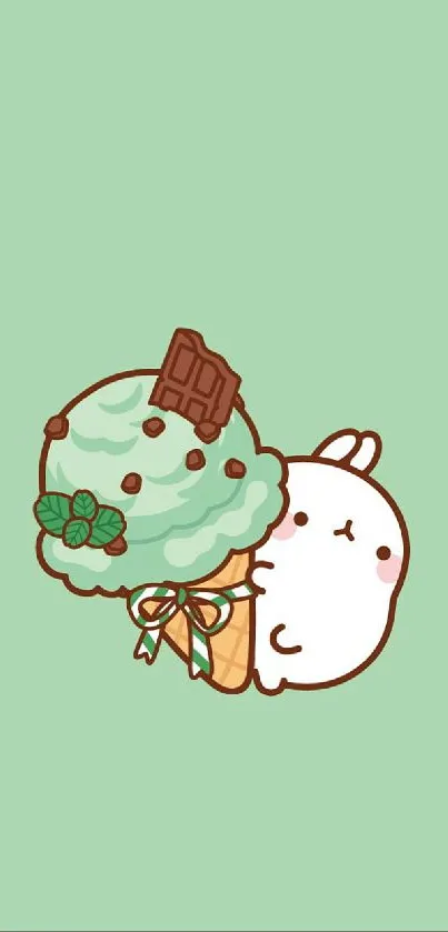 Cute bunny with mint ice cream cone on pastel green background.