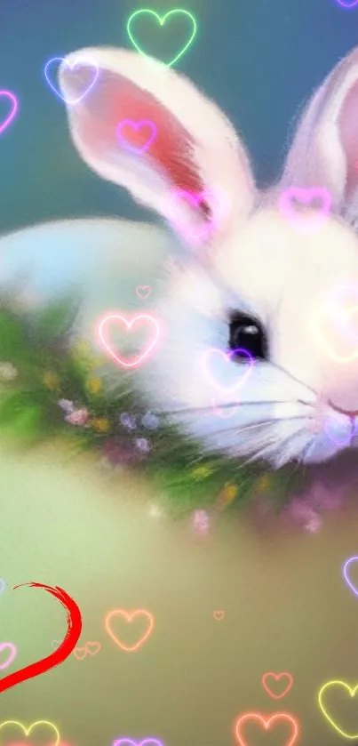 Cute bunny with neon heart overlays on a colorful background.