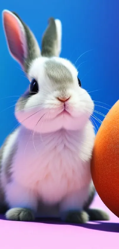 Adorable gray and white bunny beside an orange sphere on a colorful gradient background.