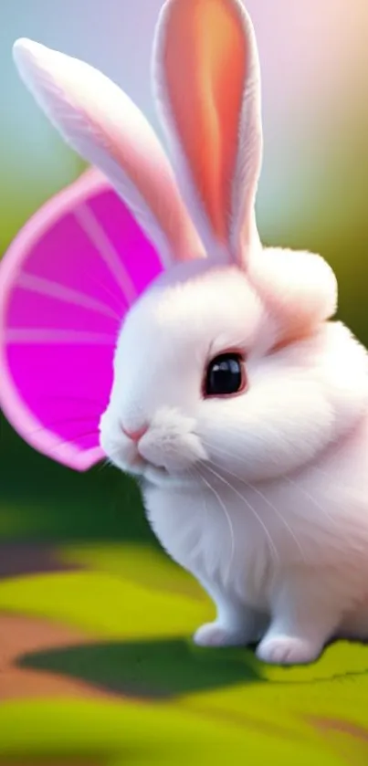 Adorable white bunny with a pink ear on a green background.