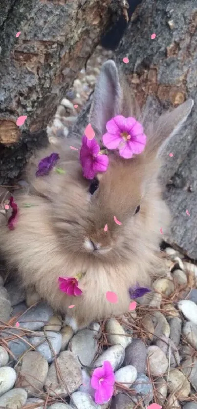 Fluffy bunny adorned with pink flowers sitting among rocks.