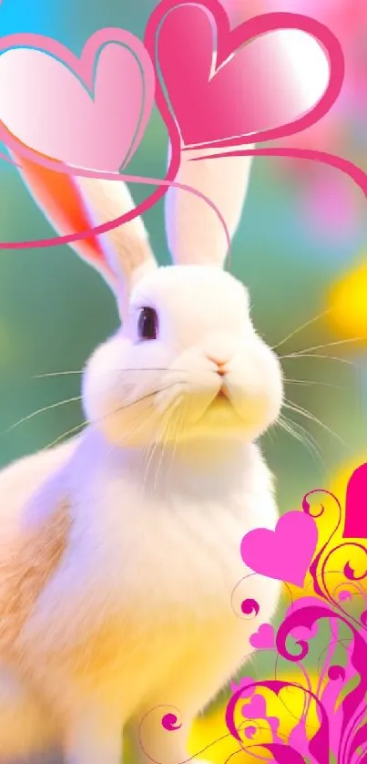 Cute bunny with pink heart design on vibrant background.