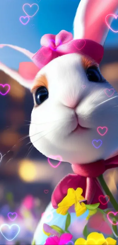 Cute bunny with a pink ribbon surrounded by hearts.