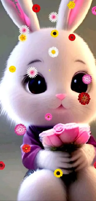 Cute fluffy bunny holding pink roses, charming mobile wallpaper.