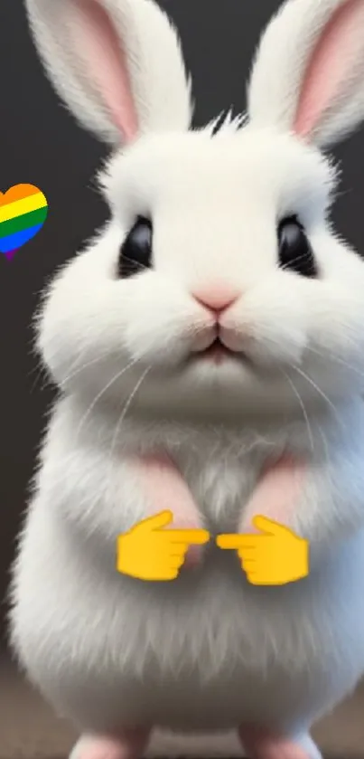 Cute white bunny with rainbow heart and pointing emojis