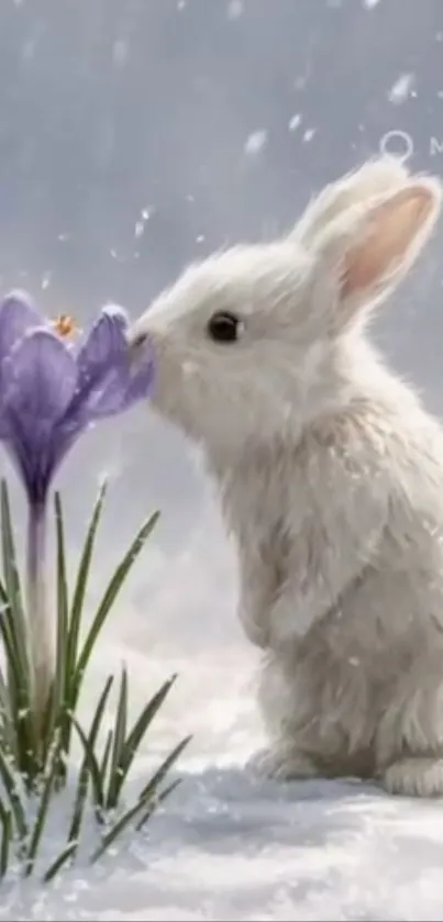 Cute white bunny sniffing a purple flower in snow.