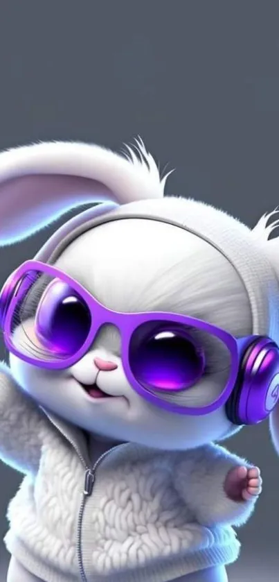 Cute animated bunny with purple glasses and headphones.