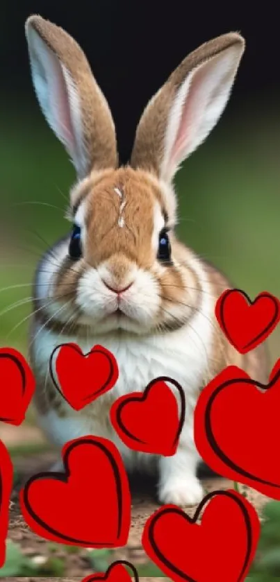 Adorable bunny surrounded by red hearts in a lush green setting.