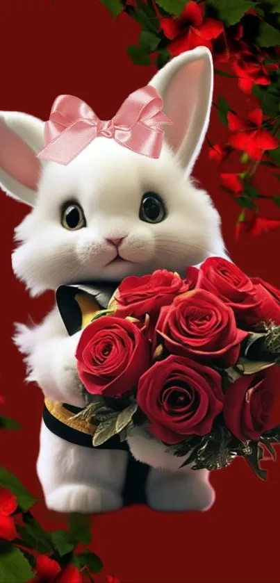 White bunny with red roses and pink bow on a deep red background.