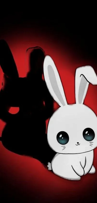 Cute cartoon bunny with shadow against a red background.