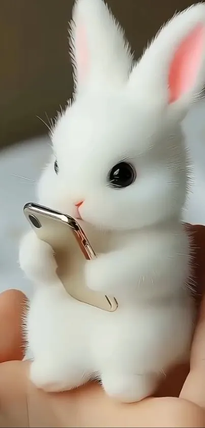 Cute fluffy bunny holding a smartphone.