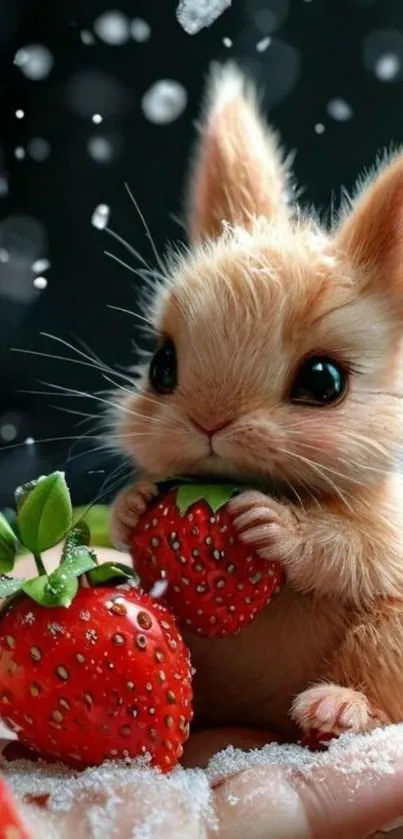 Cute bunny holding strawberries on a snowy hand.