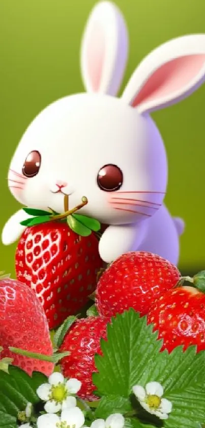 Cute white bunny with strawberries on green phone wallpaper.