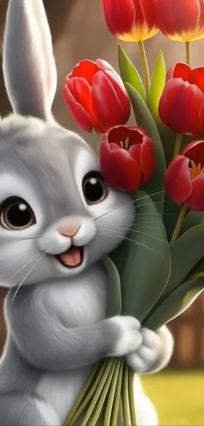 Adorable bunny with red tulips in cartoon style.