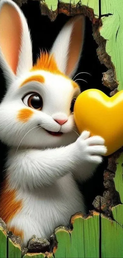 Cartoon bunny with a yellow heart and wooden fence.