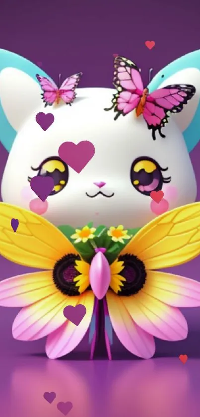 Adorable cartoon cat with butterflies and flowers on a purple background.