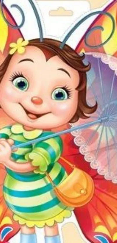 Playful cartoon girl with butterfly wings and umbrella.